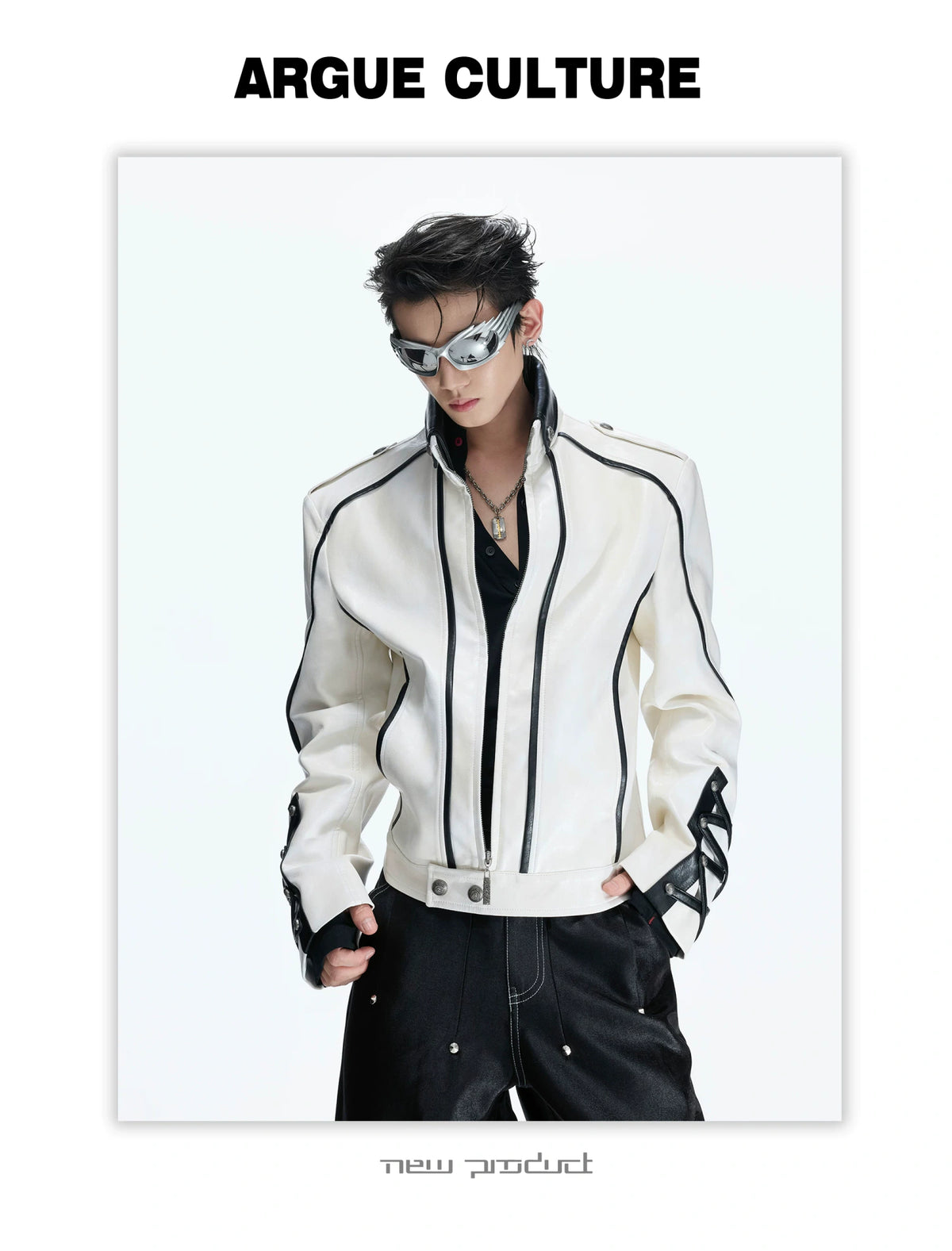 Cropped Faux-Leather Biker Jacket With Lace-Up Cuffs - detail image 19