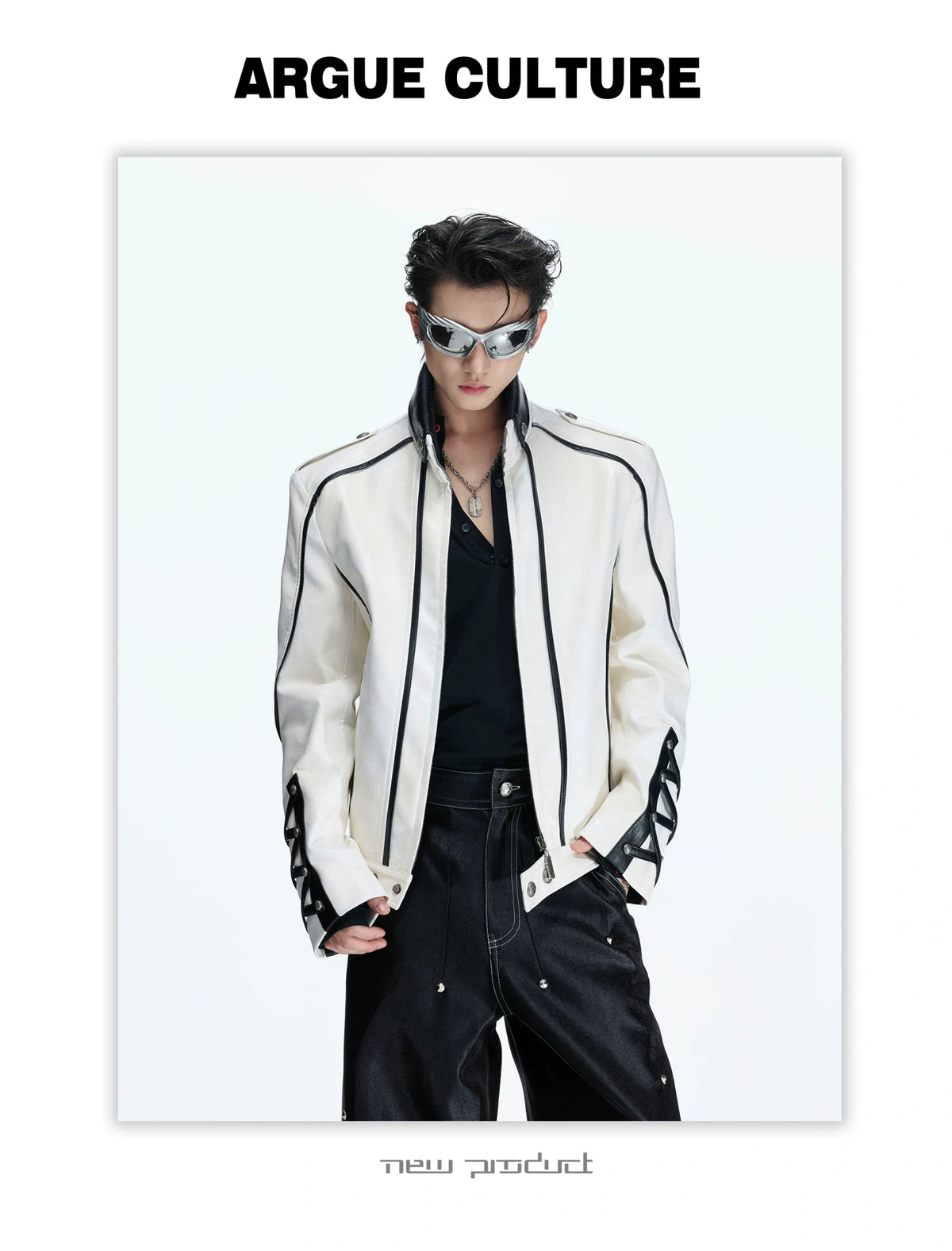 Cropped Faux-Leather Biker Jacket With Lace-Up Cuffs - detail image 17