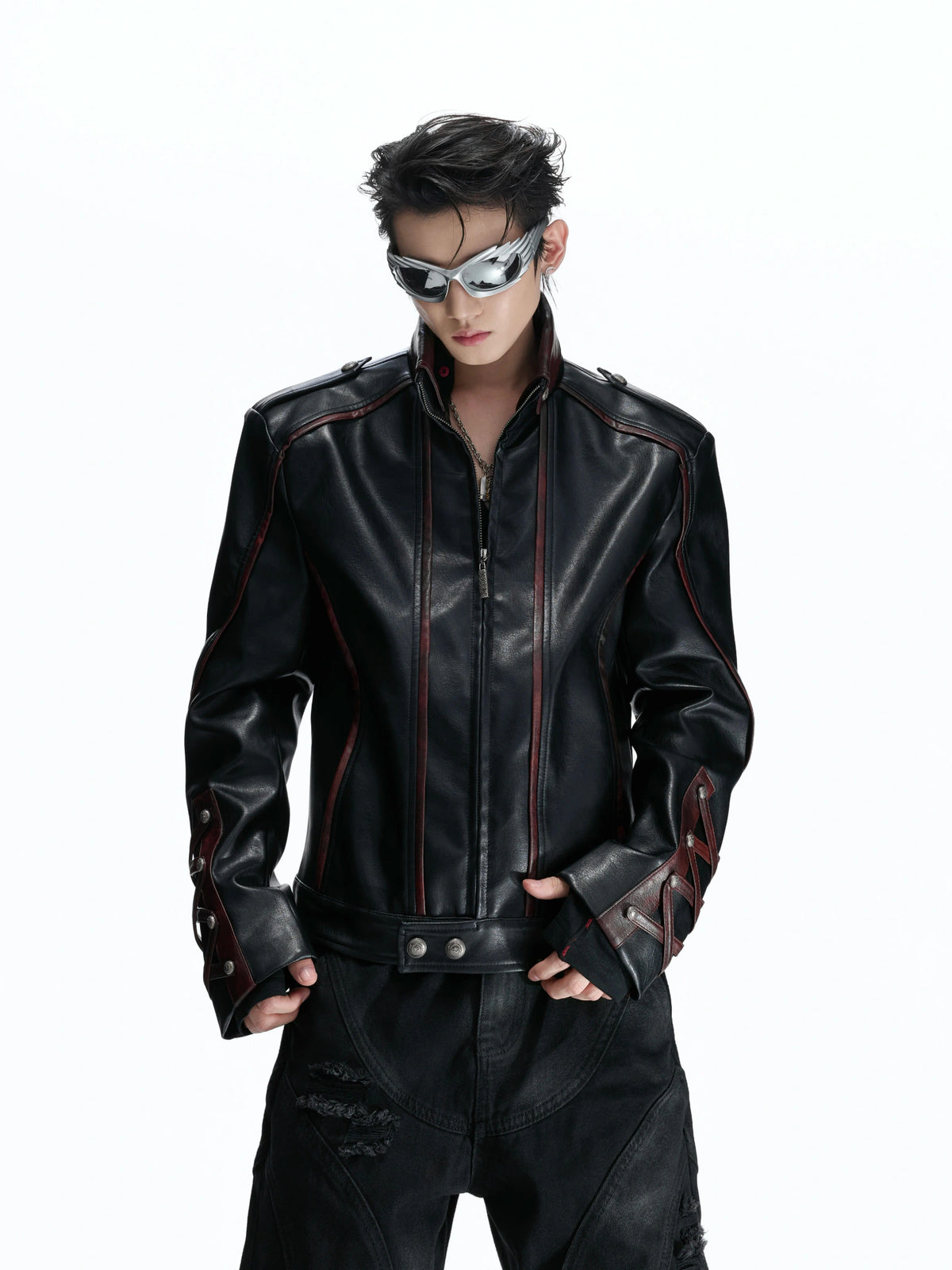Cropped Faux-Leather Biker Jacket With Lace-Up Cuffs - main image 2