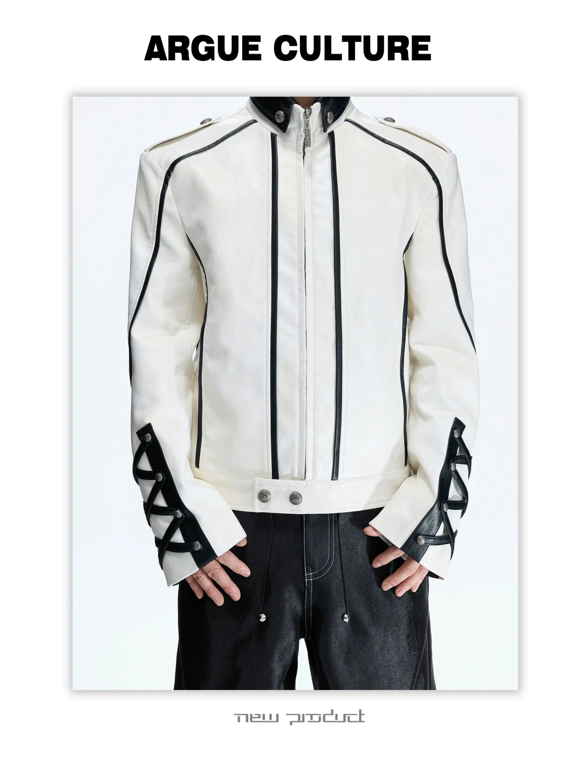 Cropped Faux-Leather Biker Jacket With Lace-Up Cuffs - detail image 15
