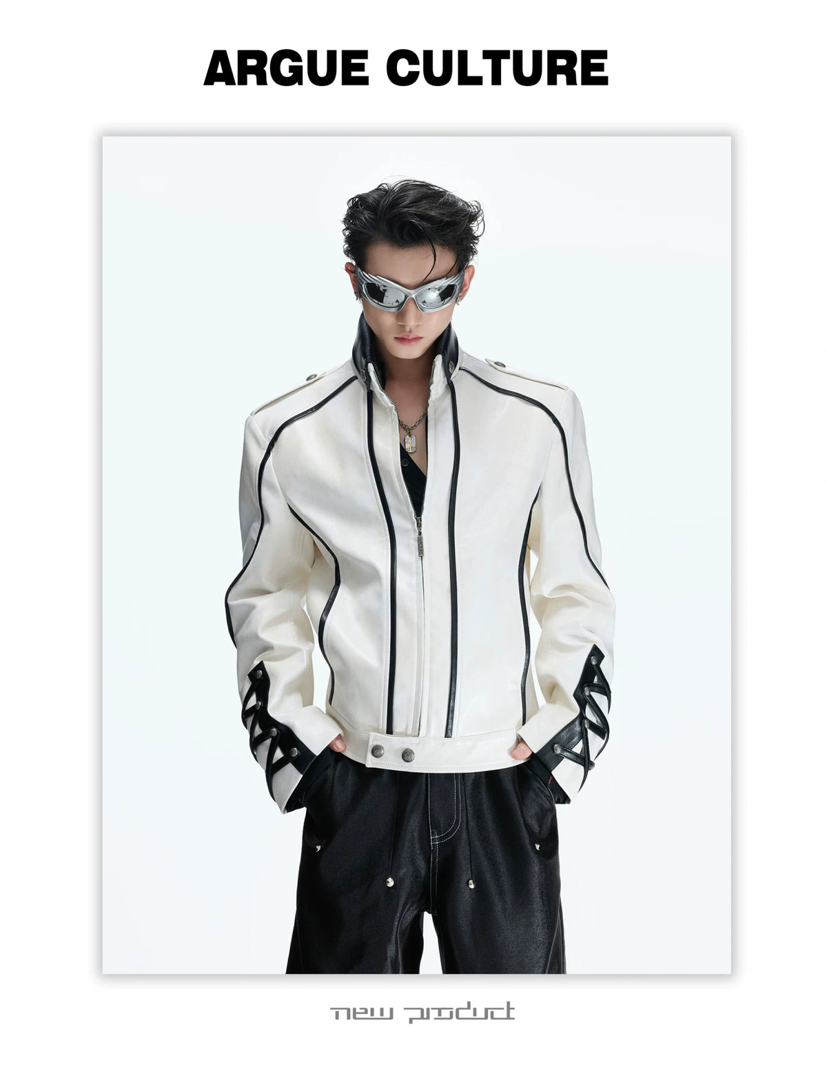 Cropped Faux-Leather Biker Jacket With Lace-Up Cuffs - detail image 10