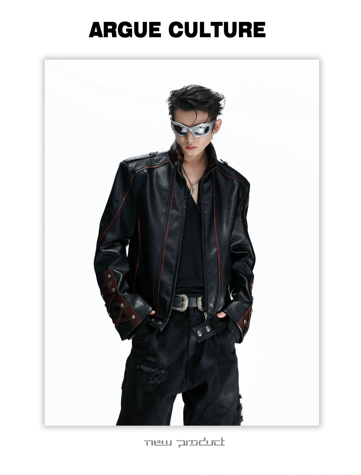 Cropped Faux-Leather Biker Jacket With Lace-Up Cuffs - detail image 11