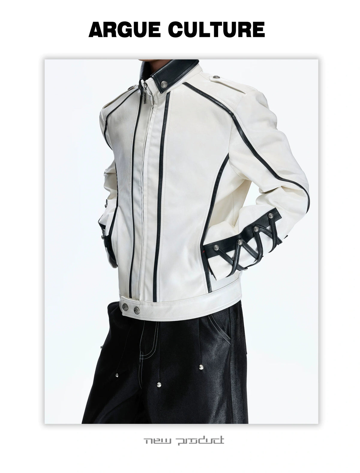 Cropped Faux-Leather Biker Jacket With Lace-Up Cuffs - detail image 14