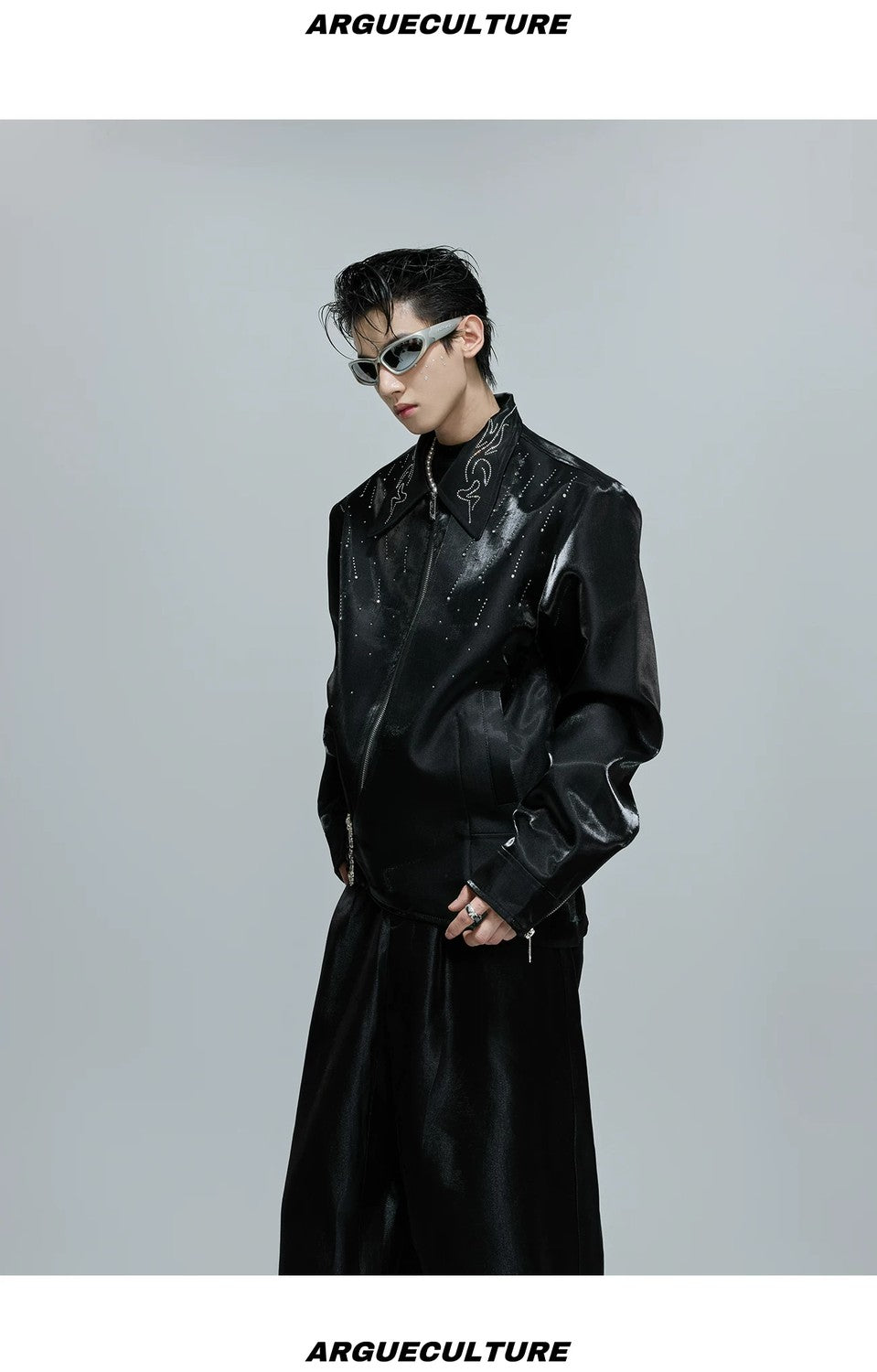 desc::cropped-liquid-glossy-jacket-with-shimmer-rhinestones-detail-img-10