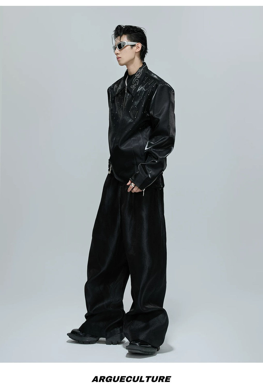 desc::cropped-liquid-glossy-jacket-with-shimmer-rhinestones-detail-img-14