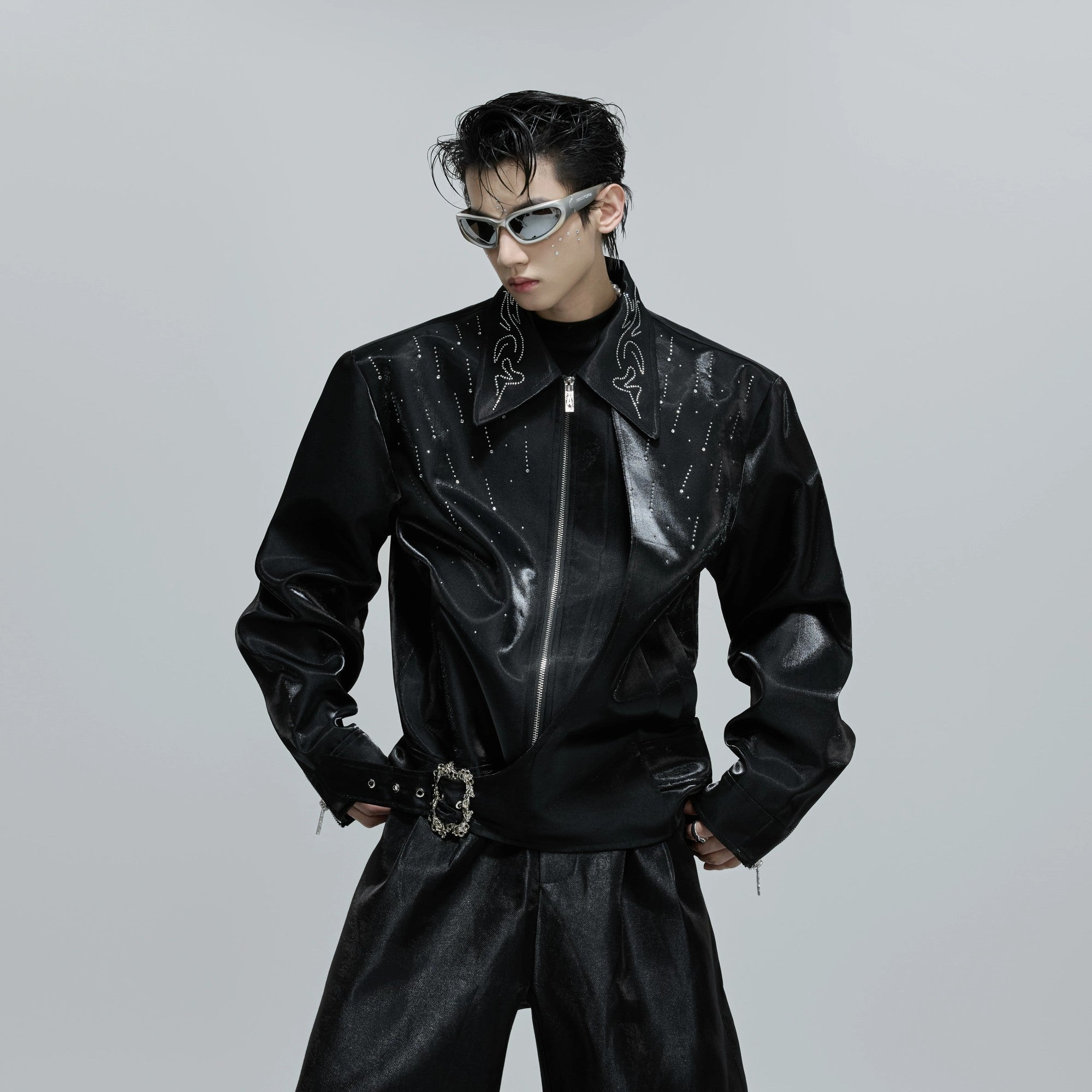 Black liquid glossy cropped jacket with rhinestone details front view