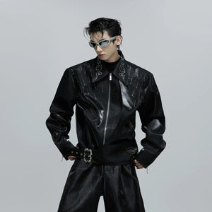 Black liquid glossy cropped jacket with rhinestone details front view