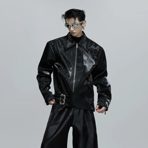 Side view of faux two-piece liquid jacket showing cropped silhouette