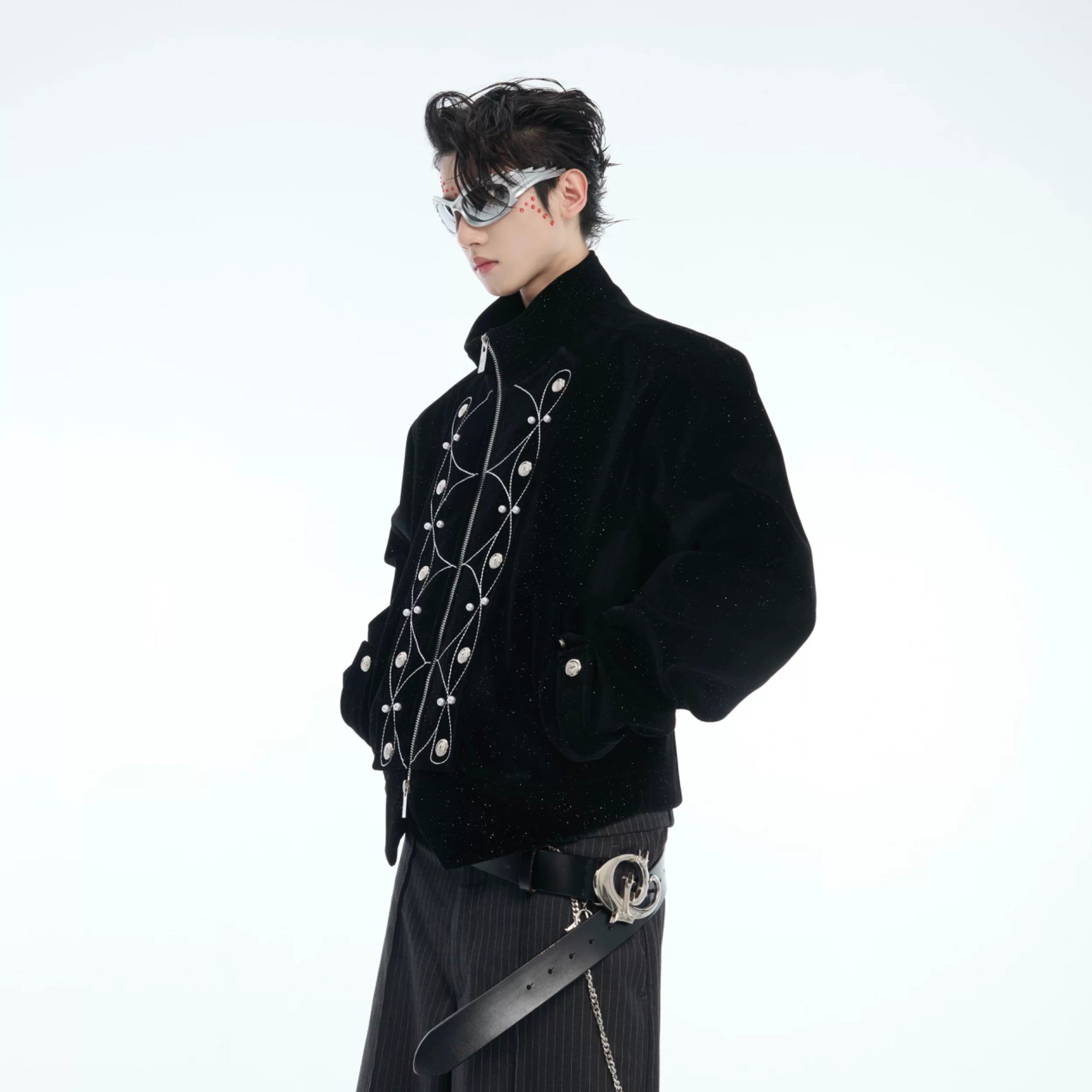 Front view of black shimmer streetwear jacket with metallic buttons