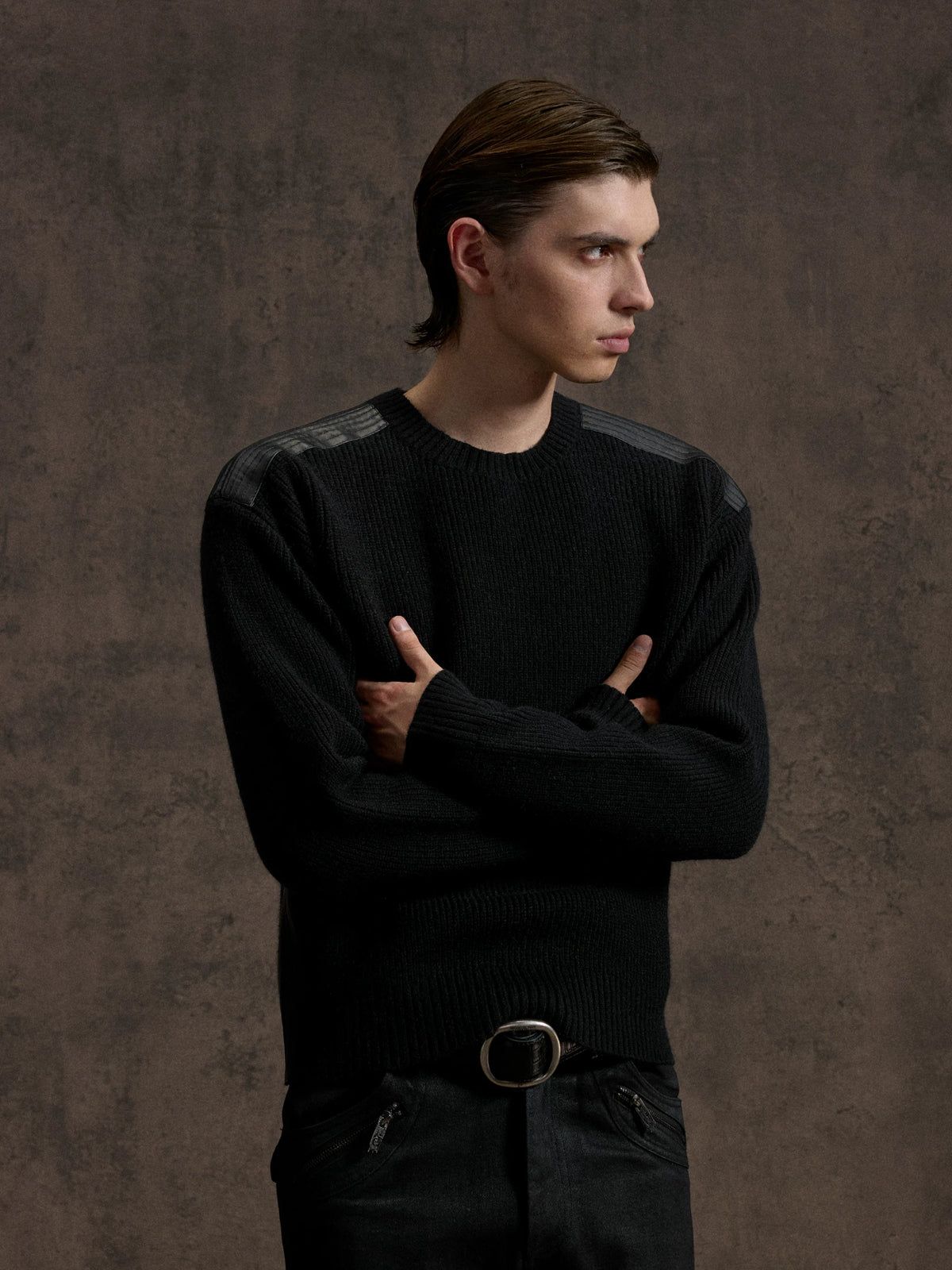 Cropped Rib Knit Sweater with Quilted Shoulder Panels - main image 5