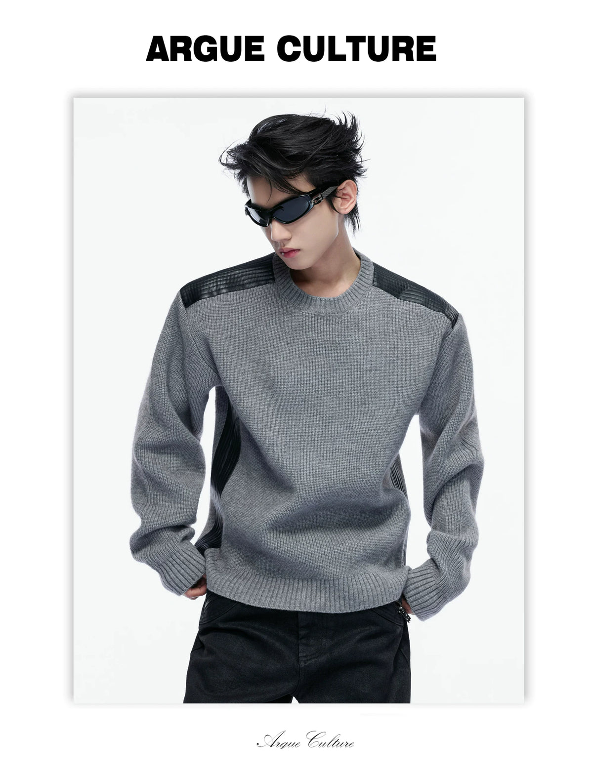 Cropped Rib Knit Sweater with Quilted Shoulder Panels - detail image 2