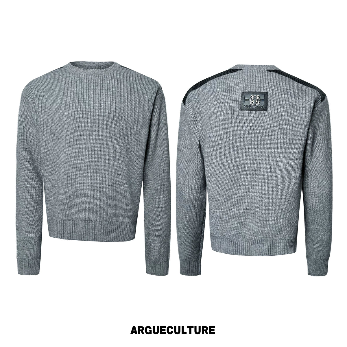 Cropped Rib Knit Sweater with Quilted Shoulder Panels - Gray