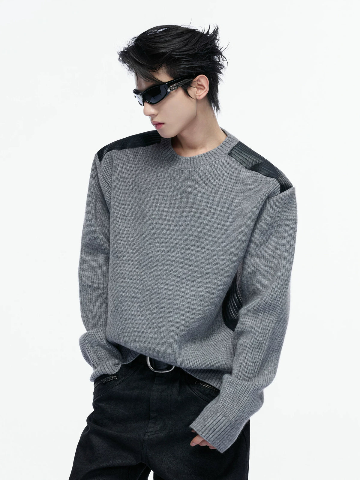 Cropped Rib Knit Sweater with Quilted Shoulder Panels - main image 1