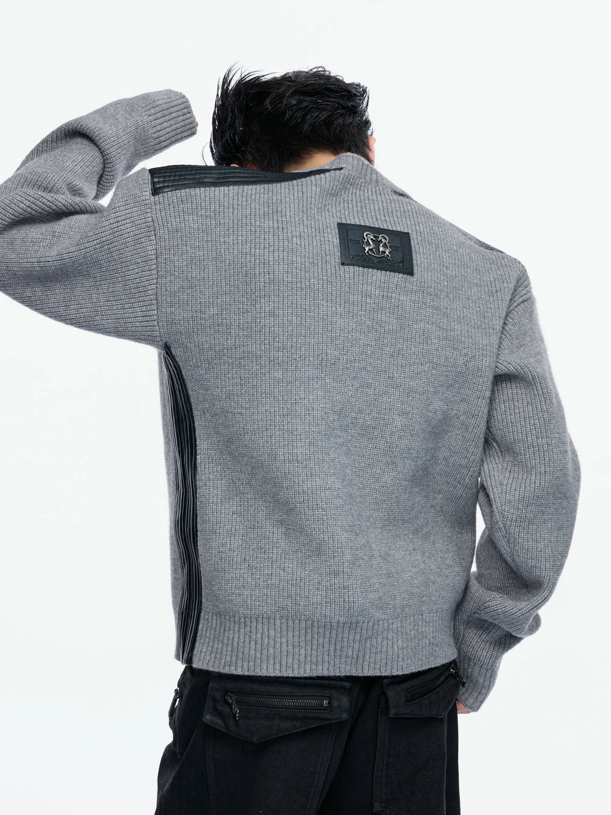 Cropped Rib Knit Sweater with Quilted Shoulder Panels - main image 3