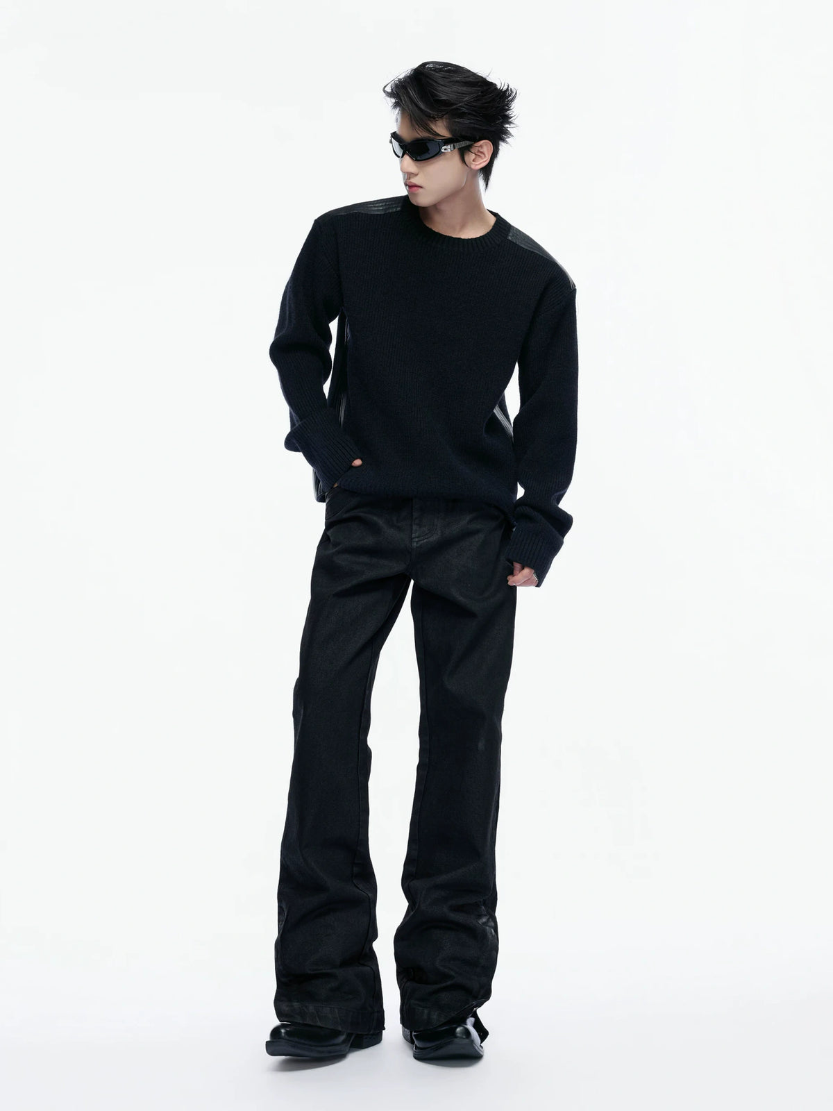 Cropped Rib Knit Sweater with Quilted Shoulder Panels - main image 4