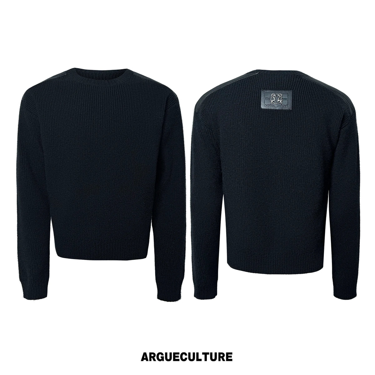 Cropped Rib Knit Sweater with Quilted Shoulder Panels - Black