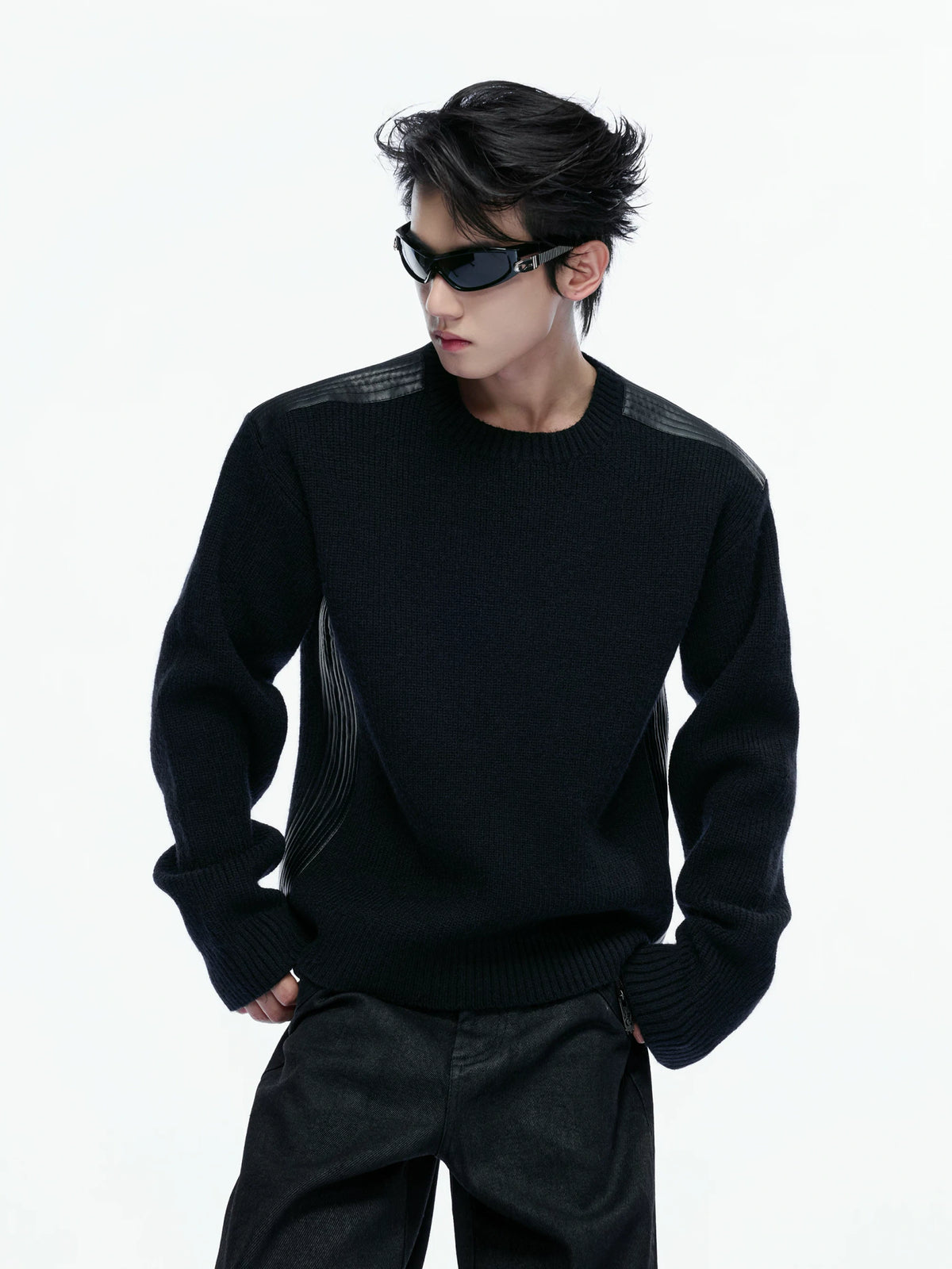 Cropped Rib Knit Sweater with Quilted Shoulder Panels - main image 2