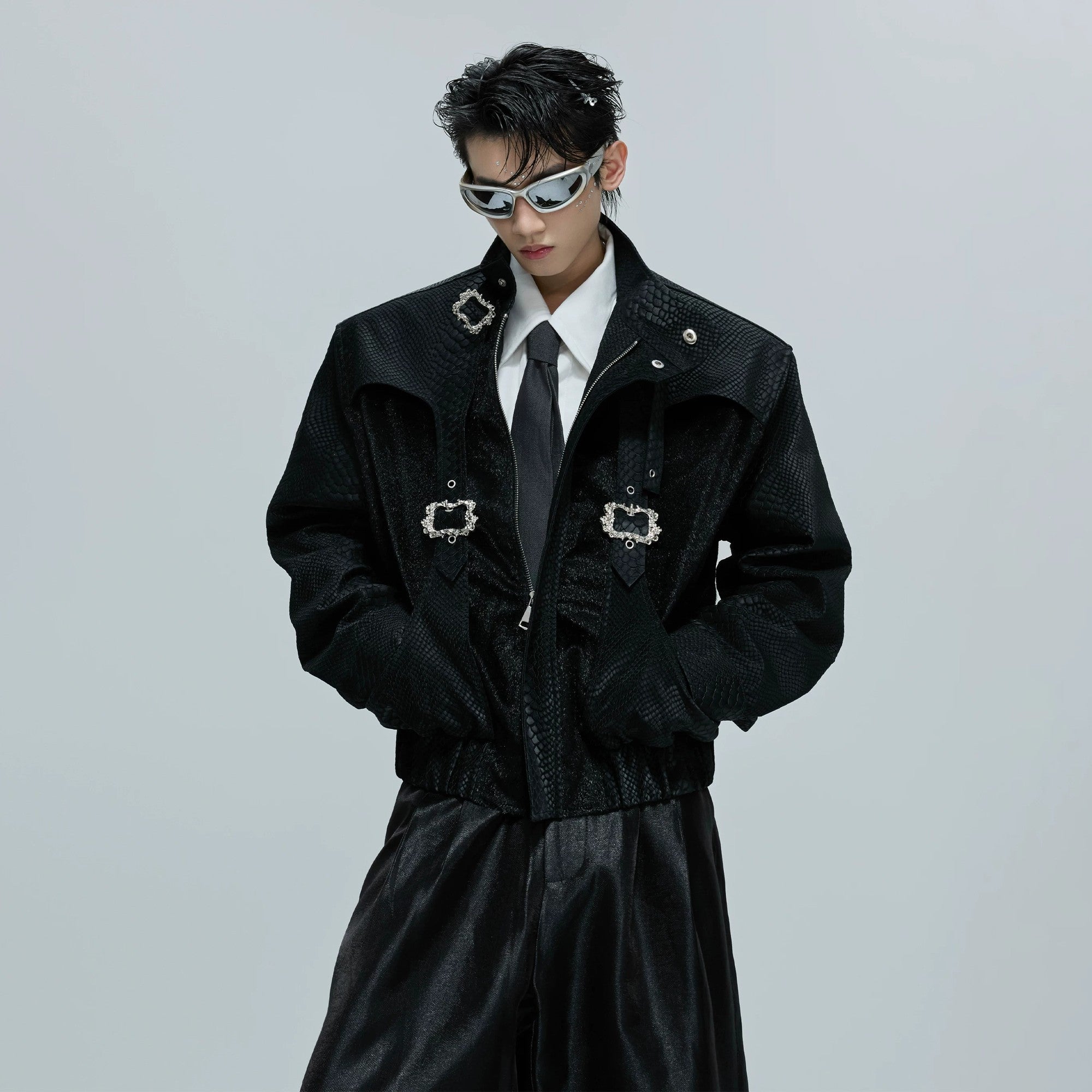 Back view of the black snake skin leather jacket showing loose fit