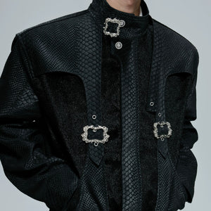 Close-up of the faux snake skin and pony hair patchwork texture