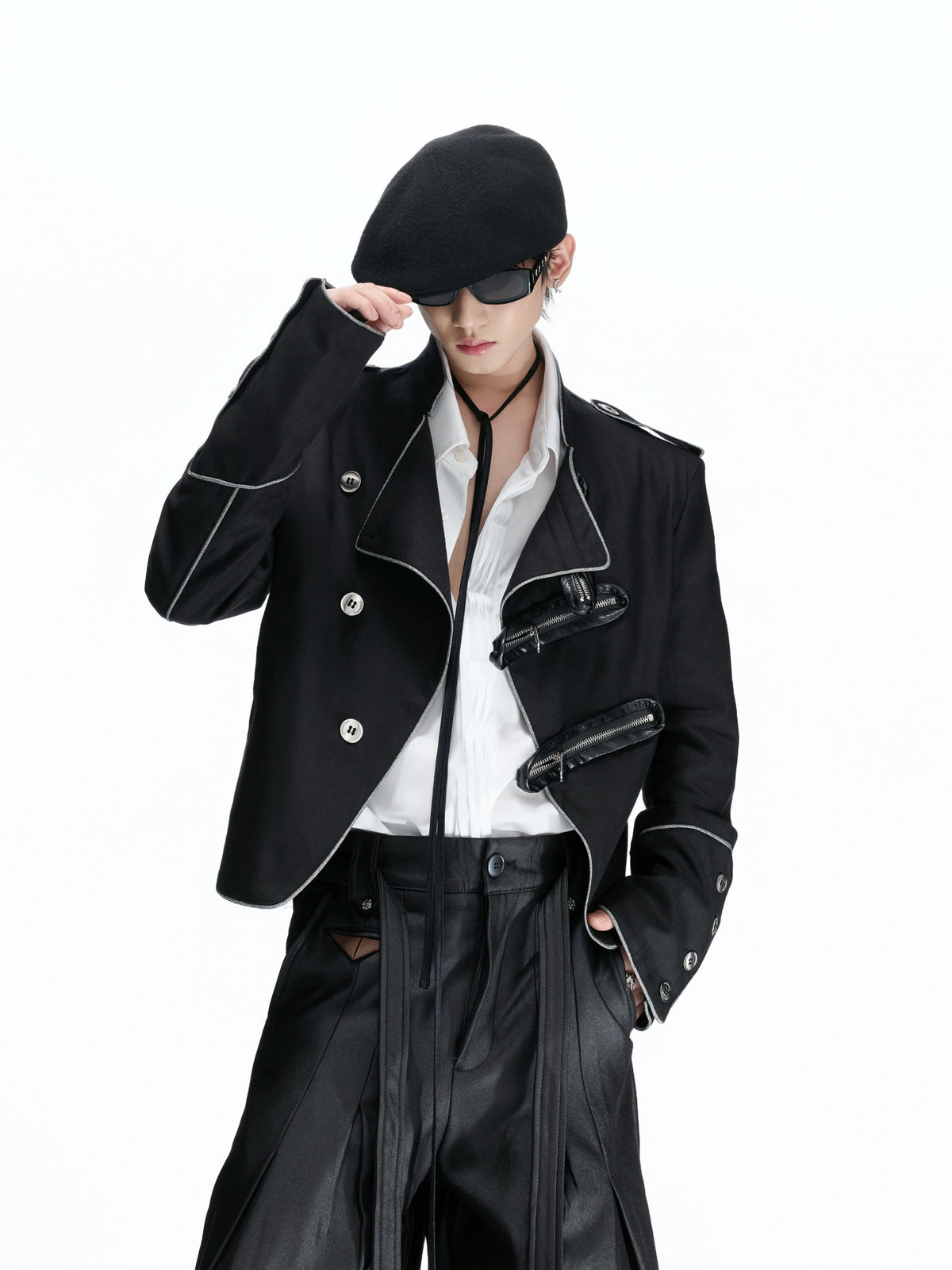 Cropped Stand-Collar Diagonal Zip Jacket in Tencel Blend - main image 2