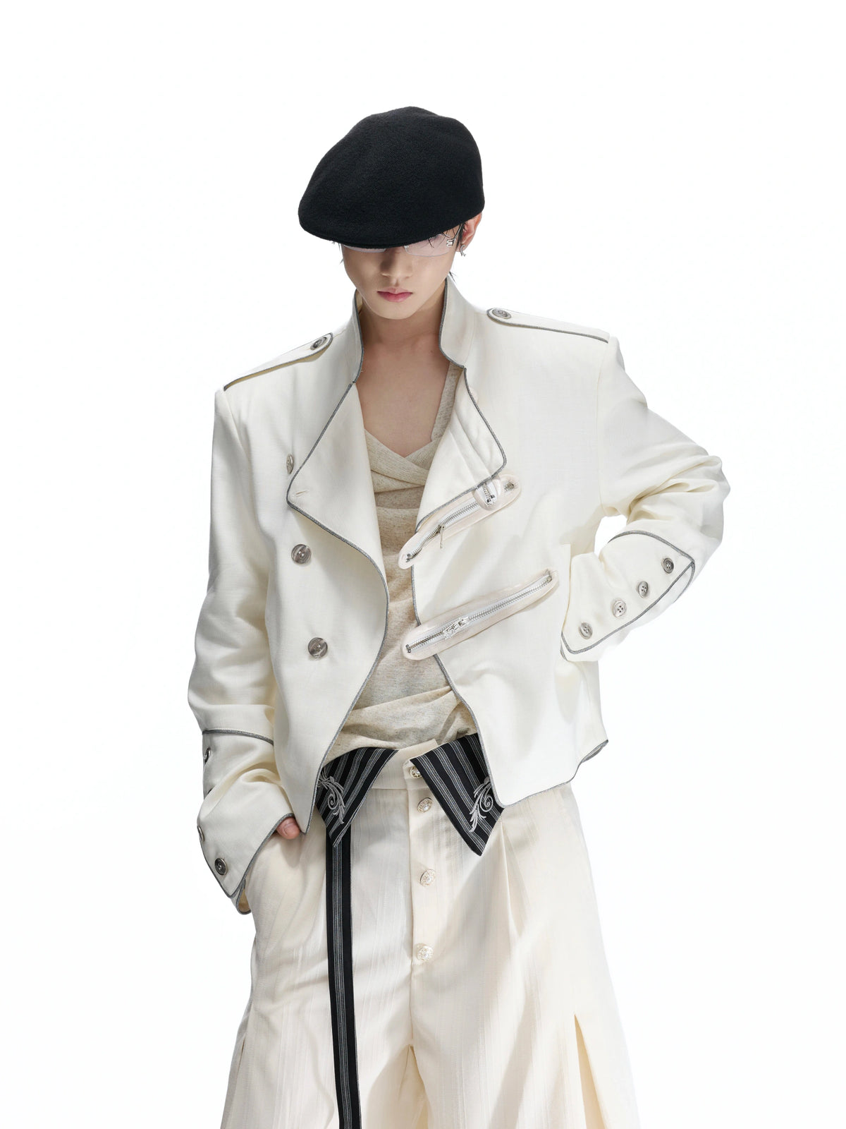 Cropped Stand-Collar Diagonal Zip Jacket in Tencel Blend - main image 1