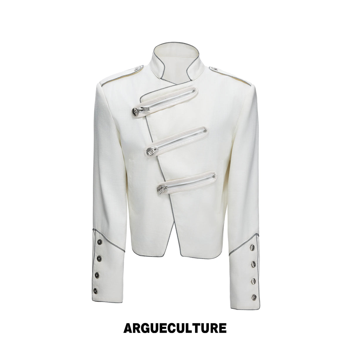 Cropped Stand-Collar Diagonal Zip Jacket in Tencel Blend - White