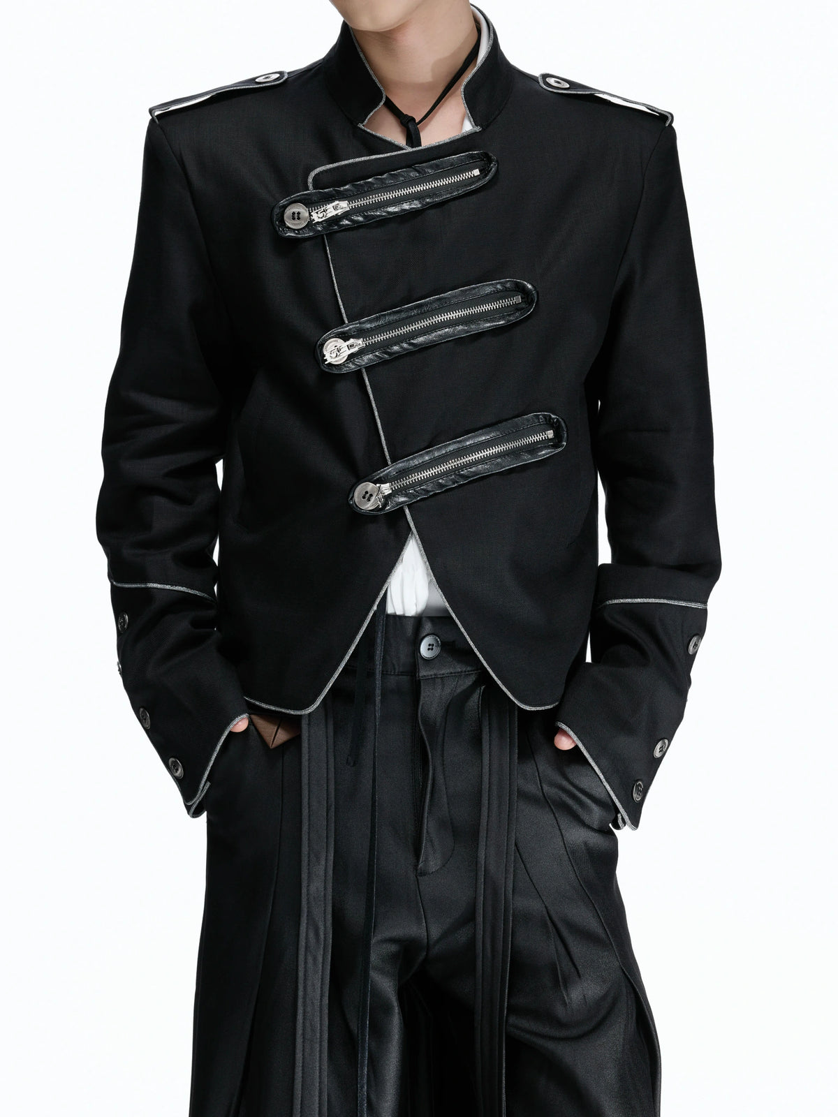 Cropped Stand-Collar Diagonal Zip Jacket in Tencel Blend - main image 5
