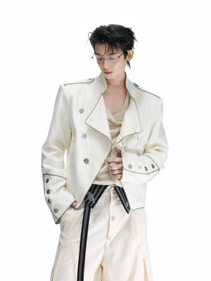 Cropped Stand-Collar Diagonal Zip Jacket in Tencel Blend - main image 4