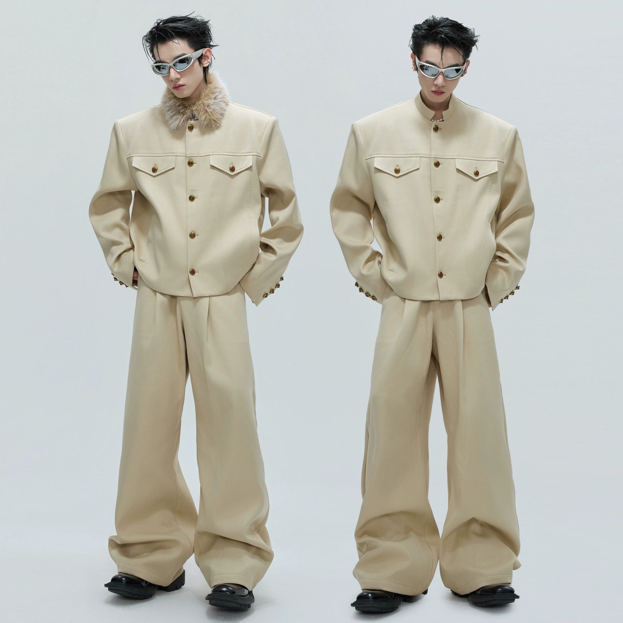 Unisex blue cropped jacket with stand collar and ruby buttons