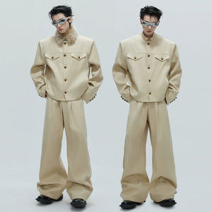 Unisex blue cropped jacket with stand collar and ruby buttons