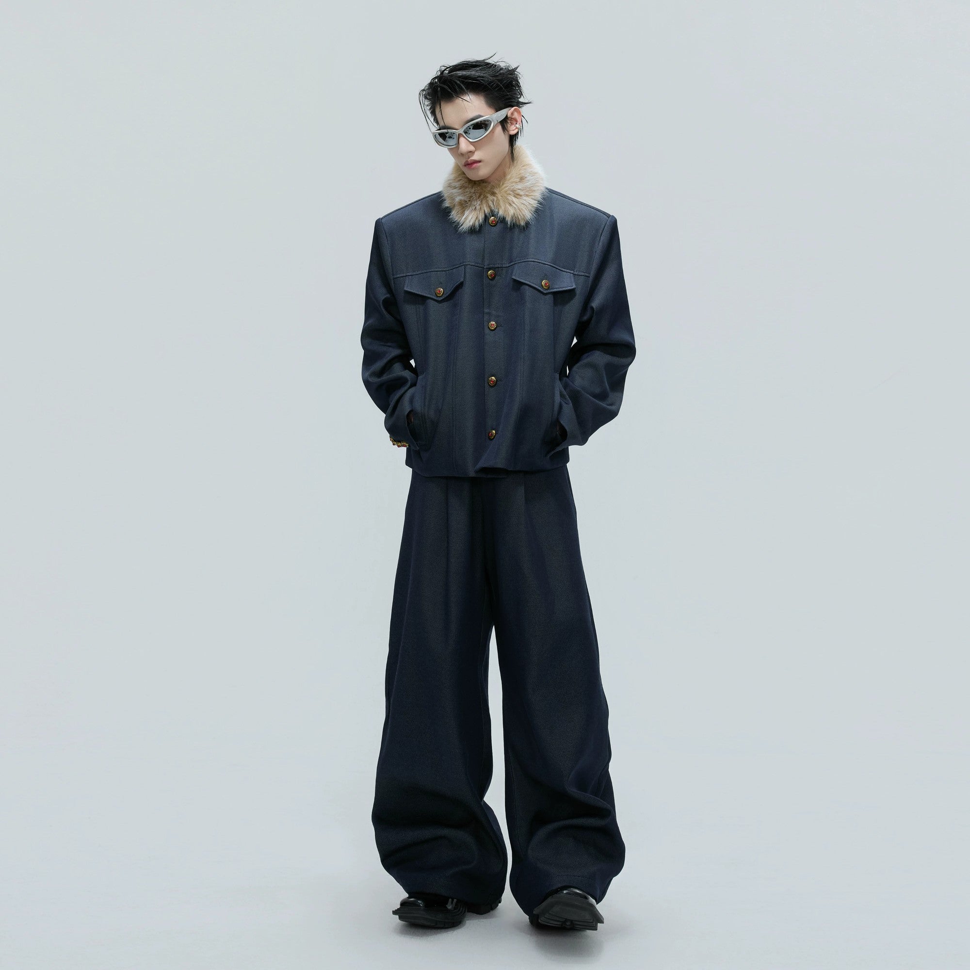 Close-up of premium red ruby buttons on a cotton jacket