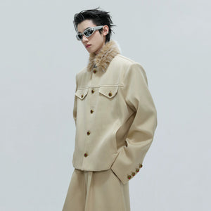 Back view of the loose fit cropped jacket set for men and women