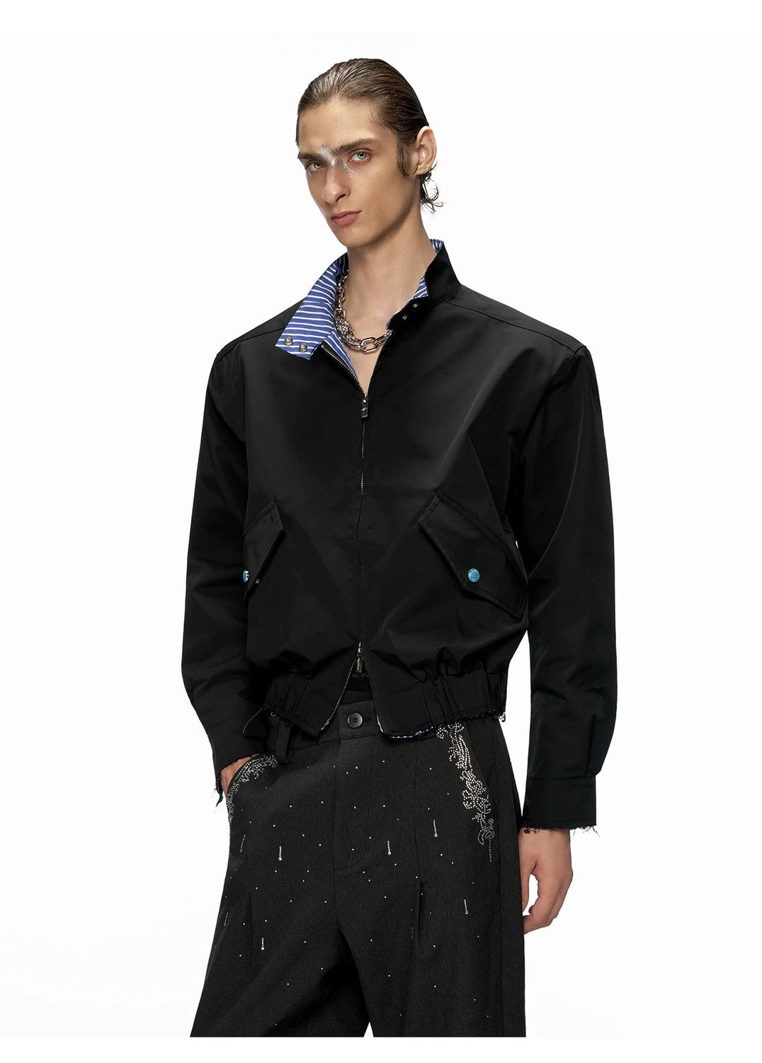 desc::cropped-stand-collar-striped-jacket-unisex-streetwear-detail-img-4