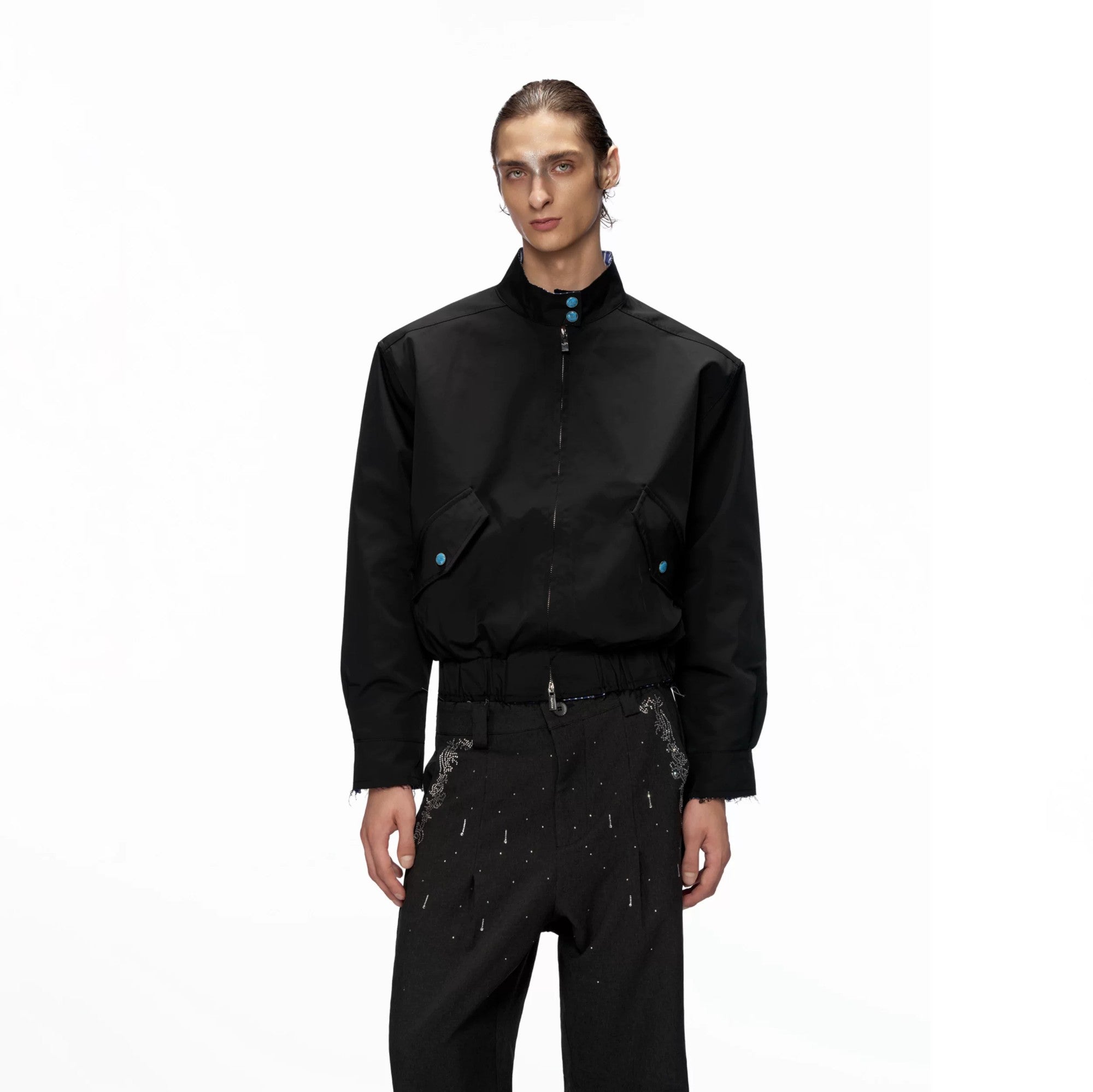 Khaki cropped jacket styled for street fashion on a model