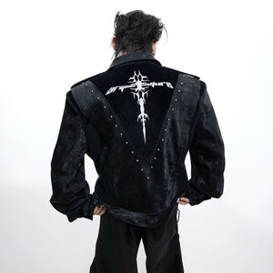 Front view of black heavy studded snakeskin leather cropped jacket