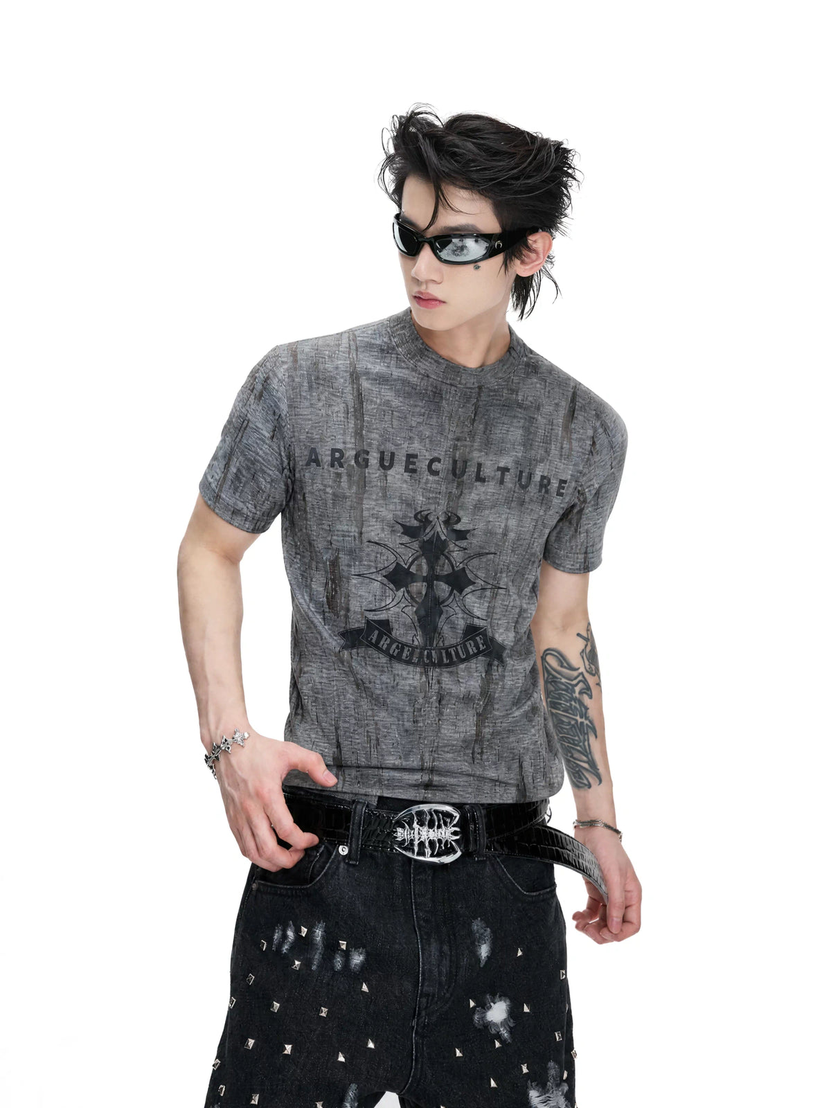 Cropped Tie-Dye Cross Graphic T-Shirt in Gray - main image 4