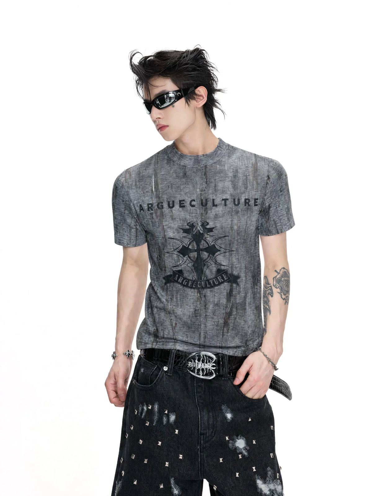 Cropped Tie-Dye Cross Graphic T-Shirt in Gray - main image 2