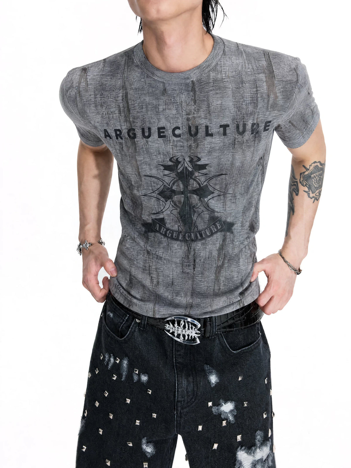 Cropped Tie-Dye Cross Graphic T-Shirt in Gray - main image 1
