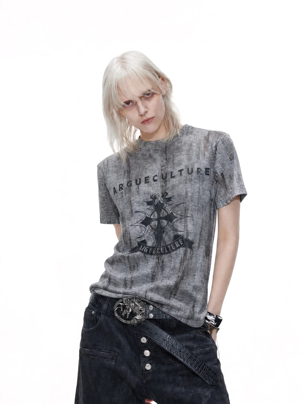 Cropped Tie-Dye Cross Graphic T-Shirt in Gray - main image 3