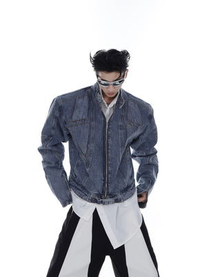 Front view of light blue cropped washed denim moto jacket with padded shoulders