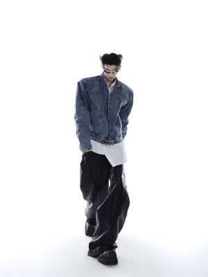 Male model wearing vintage washed cropped denim jacket in street setting