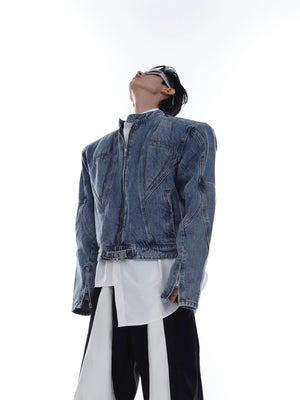 Unisex fit demonstration of cropped denim moto jacket