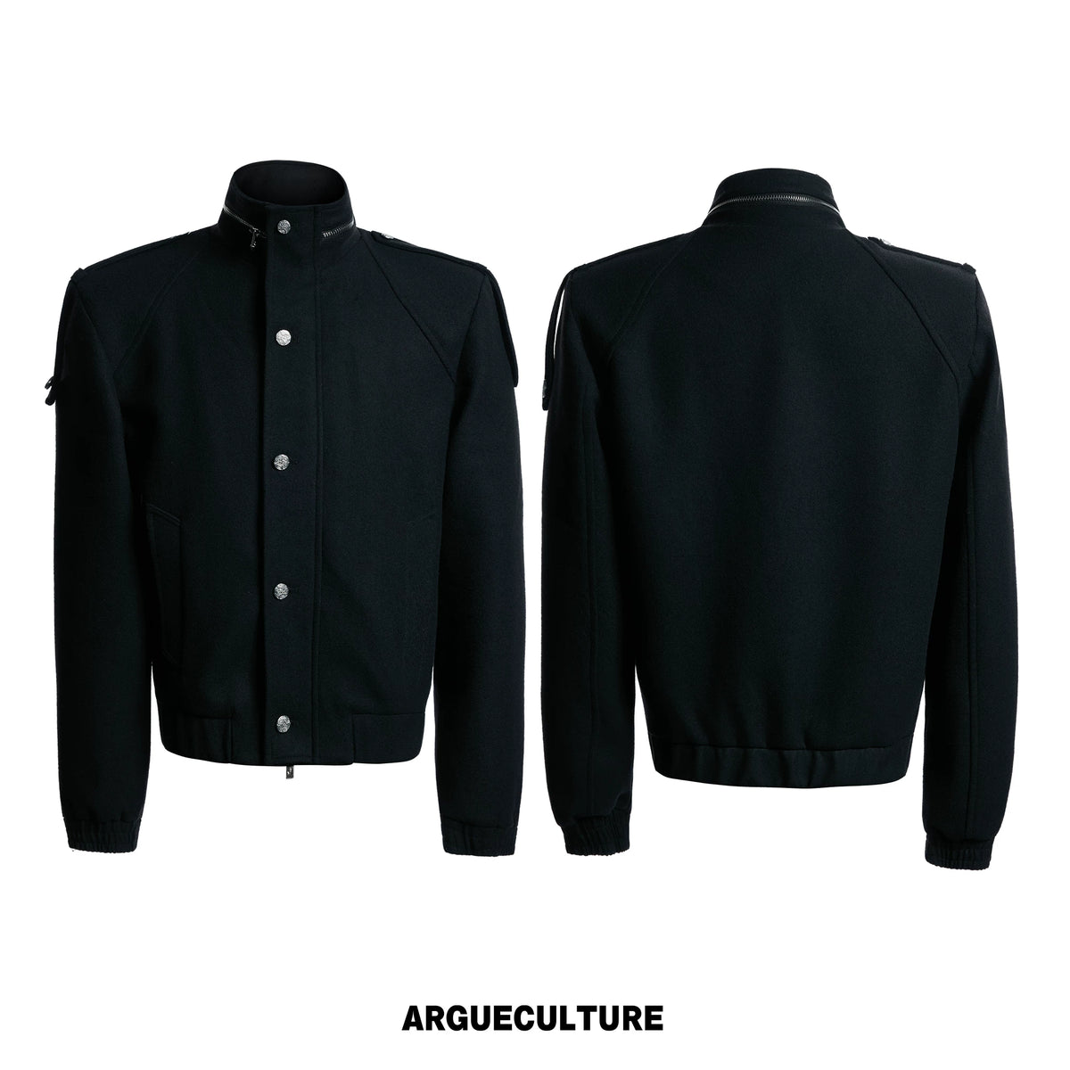 Cropped Wool-Blend Double-Placket Stand Collar Jacket - Black