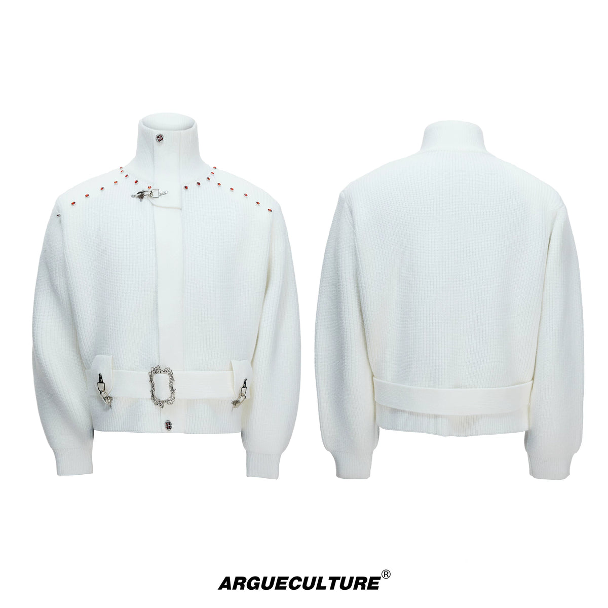 Cropped Wool-Blend Zip Cardigan Jacket with Stand Collar - White