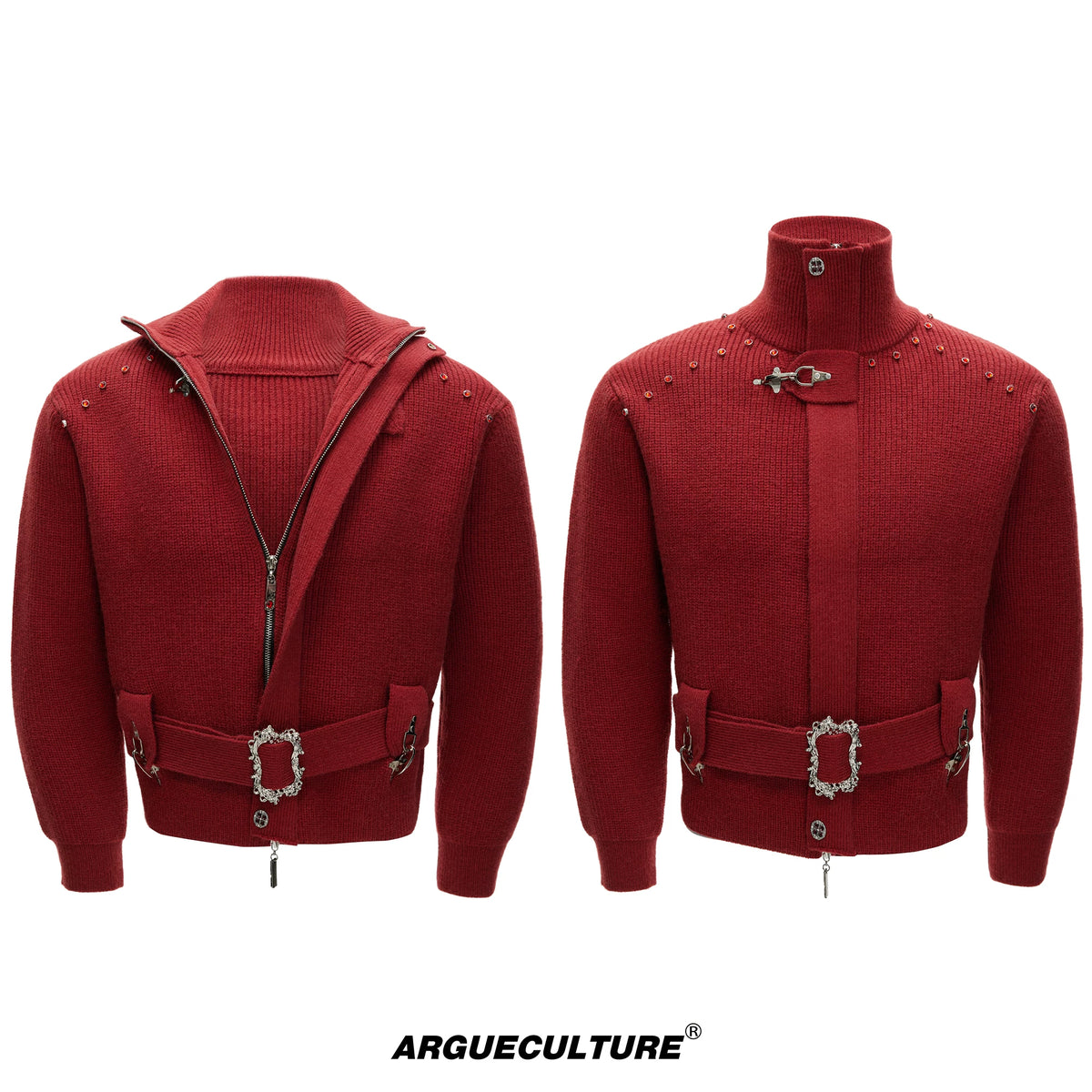 Cropped Wool-Blend Zip Cardigan Jacket with Stand Collar - Red
