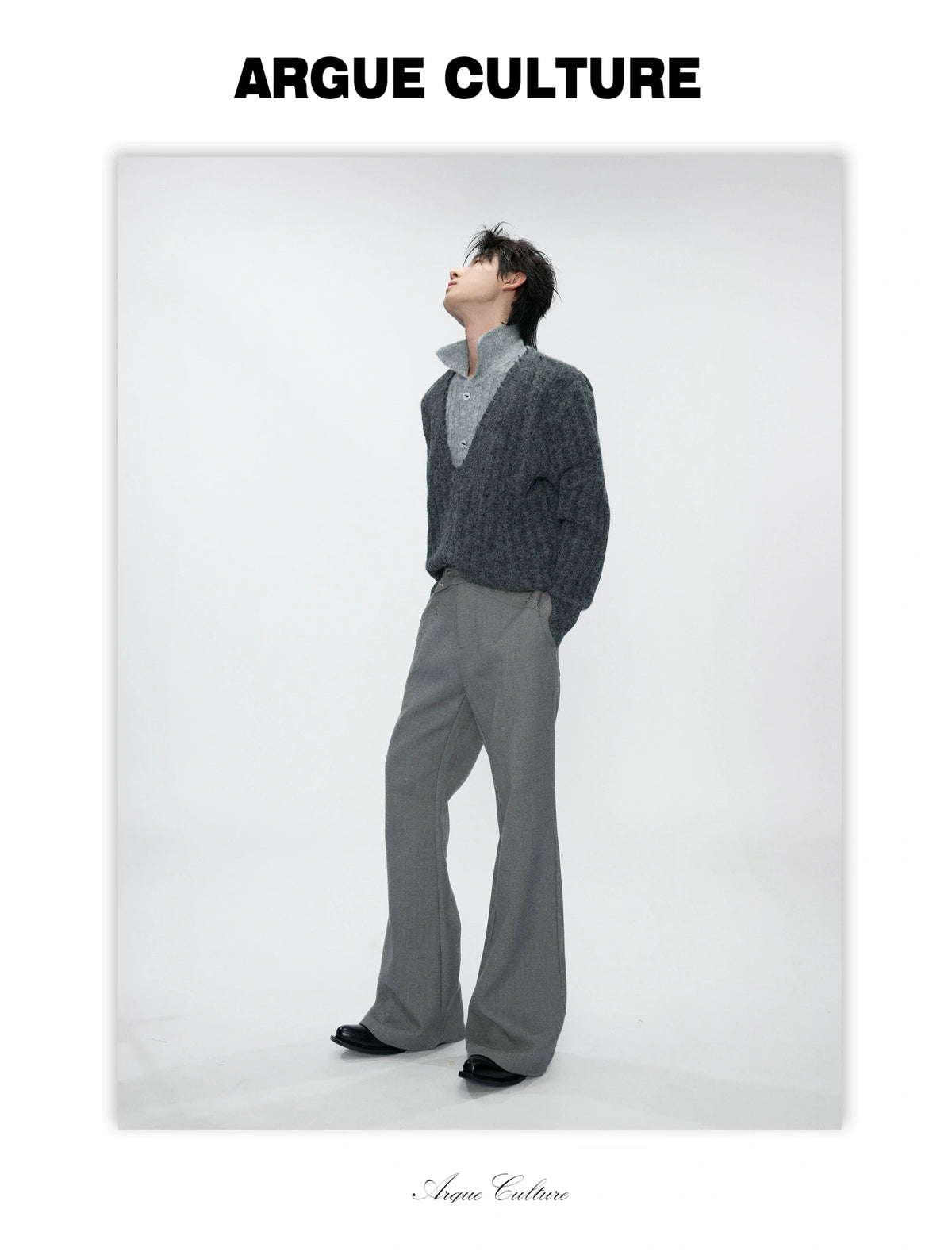 Cross-Overlap Micro-Flare Tailored Trousers in Gray - detail image 9