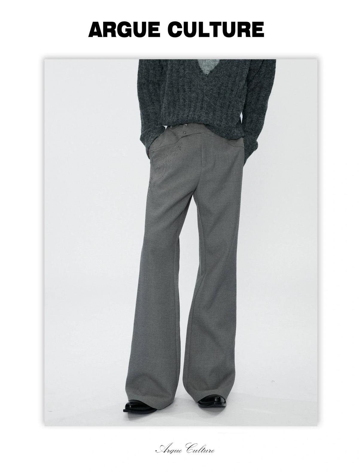 Cross-Overlap Micro-Flare Tailored Trousers in Gray - detail image 8