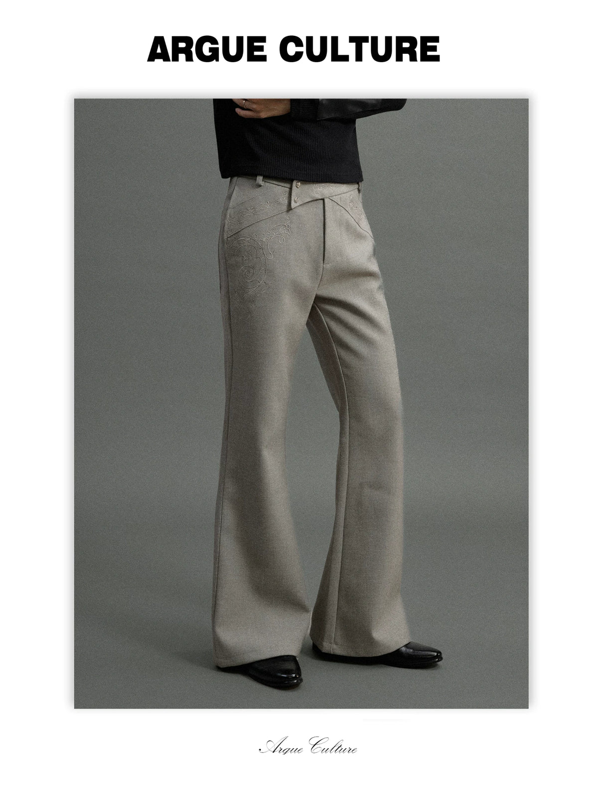 Cross-Overlap Micro-Flare Tailored Trousers in Gray - detail image 3