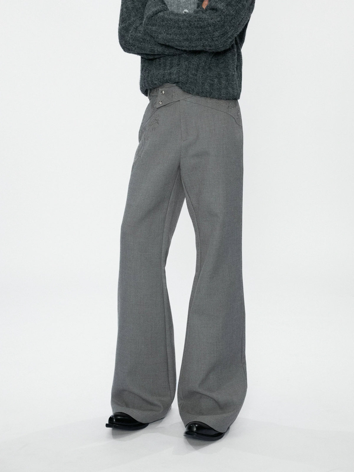 Cross-Overlap Micro-Flare Tailored Trousers in Gray - main image 1