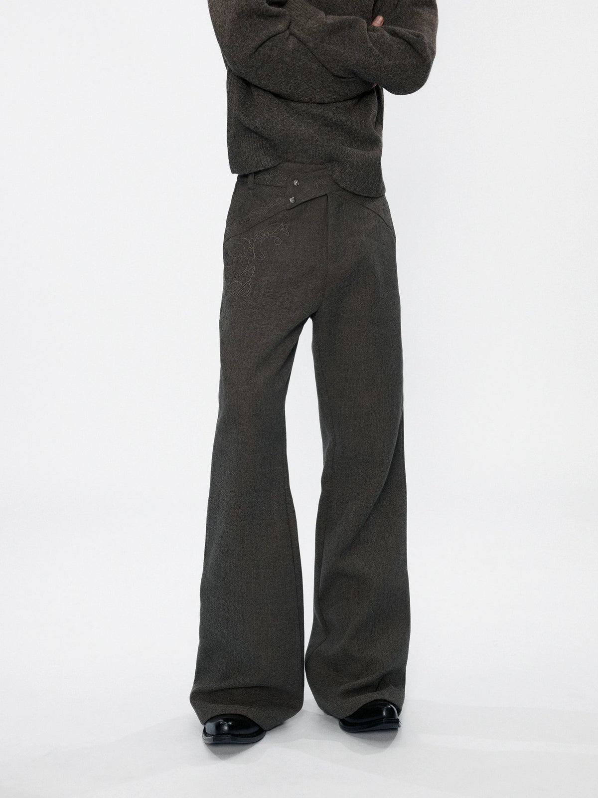 Cross-Overlap Micro-Flare Tailored Trousers in Gray - main image 3